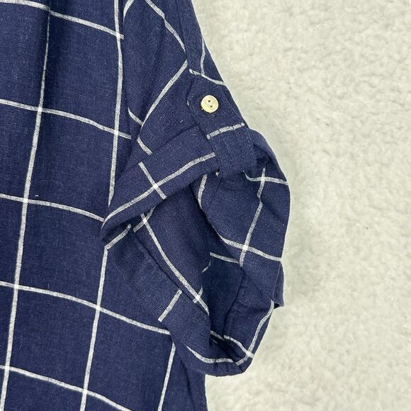 Tahari Blouse Womens 1X Navy White Windowpane Linen Blend Tunic Top Coastal - Picture 4 of 12
